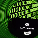 Smartphone displaying the Anthropic logo against a background of binary code in green