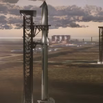 Illustration of a SpaceX Starship rocket on a launchpad in a vast spaceport landscape with many other launchpads