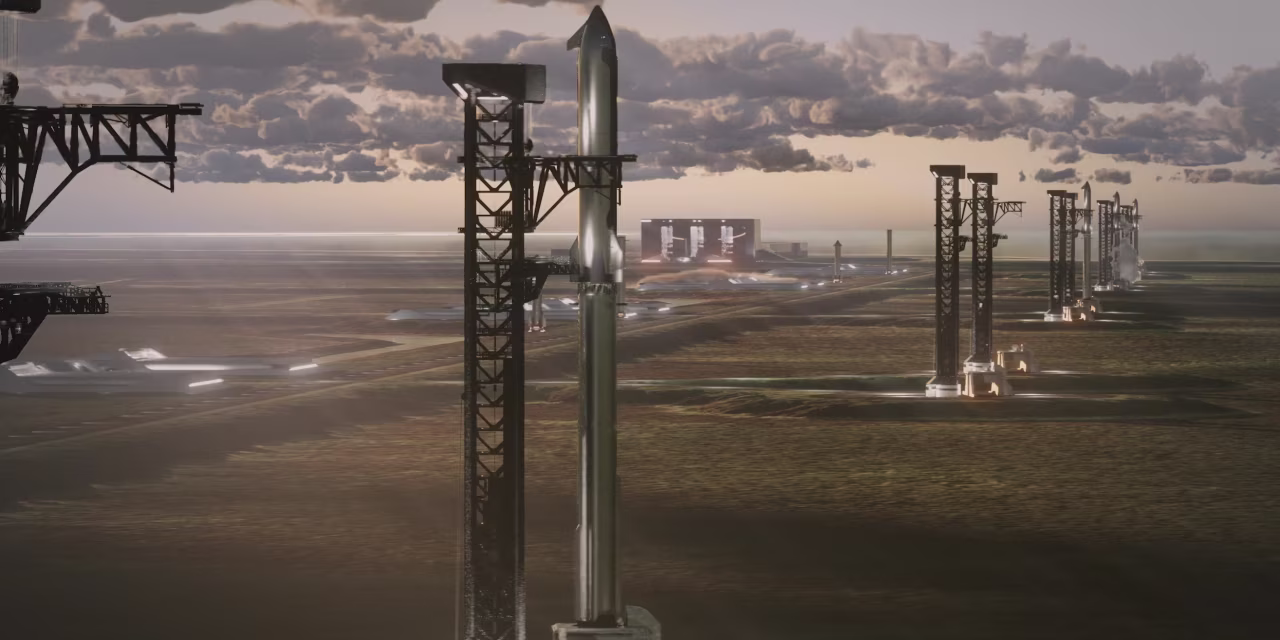 Illustration of a SpaceX Starship rocket on a launchpad in a vast spaceport landscape with many other launchpads